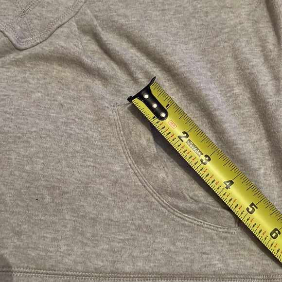 NY&Co Gray short sleeve hooded sweatshirt w/ a extended pocket & low V neck. - Picture 10 of 12